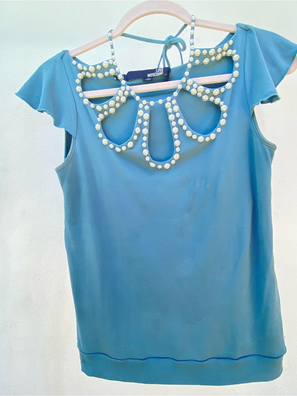 Y2K Love Moschino Blue & Ivory Pearl Embellished Cutout Halter Neck Top Size 4